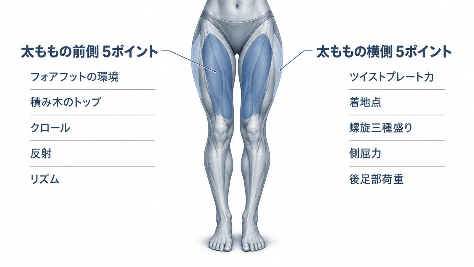 太ももの前側5ポイント(フォアフットの環境、積み木のトップ、クロール、反射、リズム)と横側5ポイント(ツイストプレート力、着地点、螺旋三種盛り、側屈力、後足部荷重)
