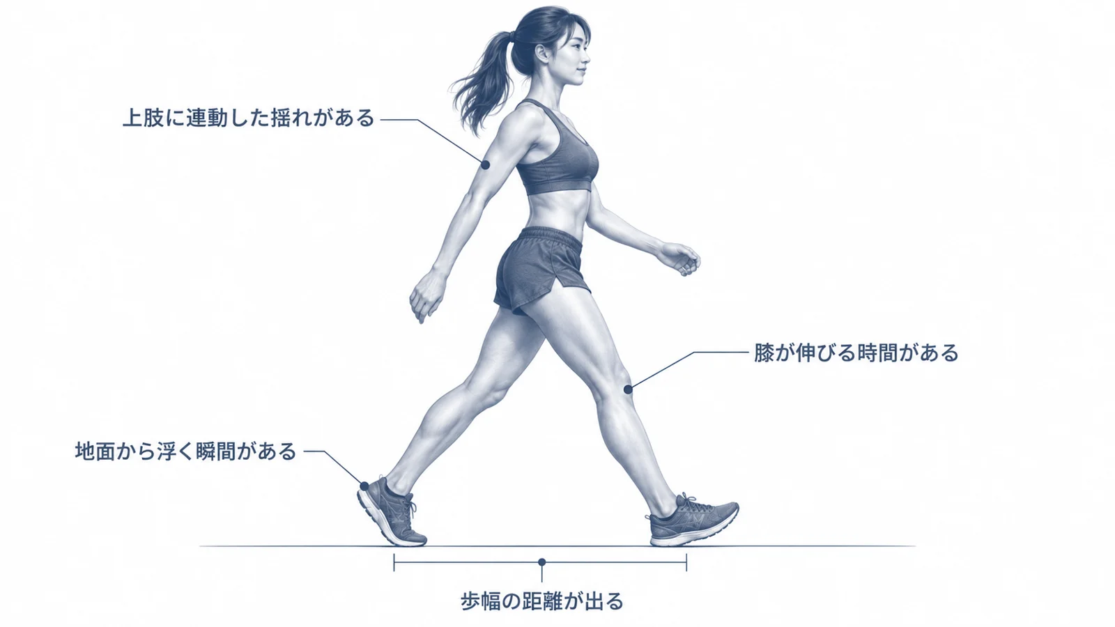 理想の歩き方の4条件:上肢に連動した揺れがある、歩幅の距離が出る、膝が伸びる時間がある、地面から浮く瞬間がある